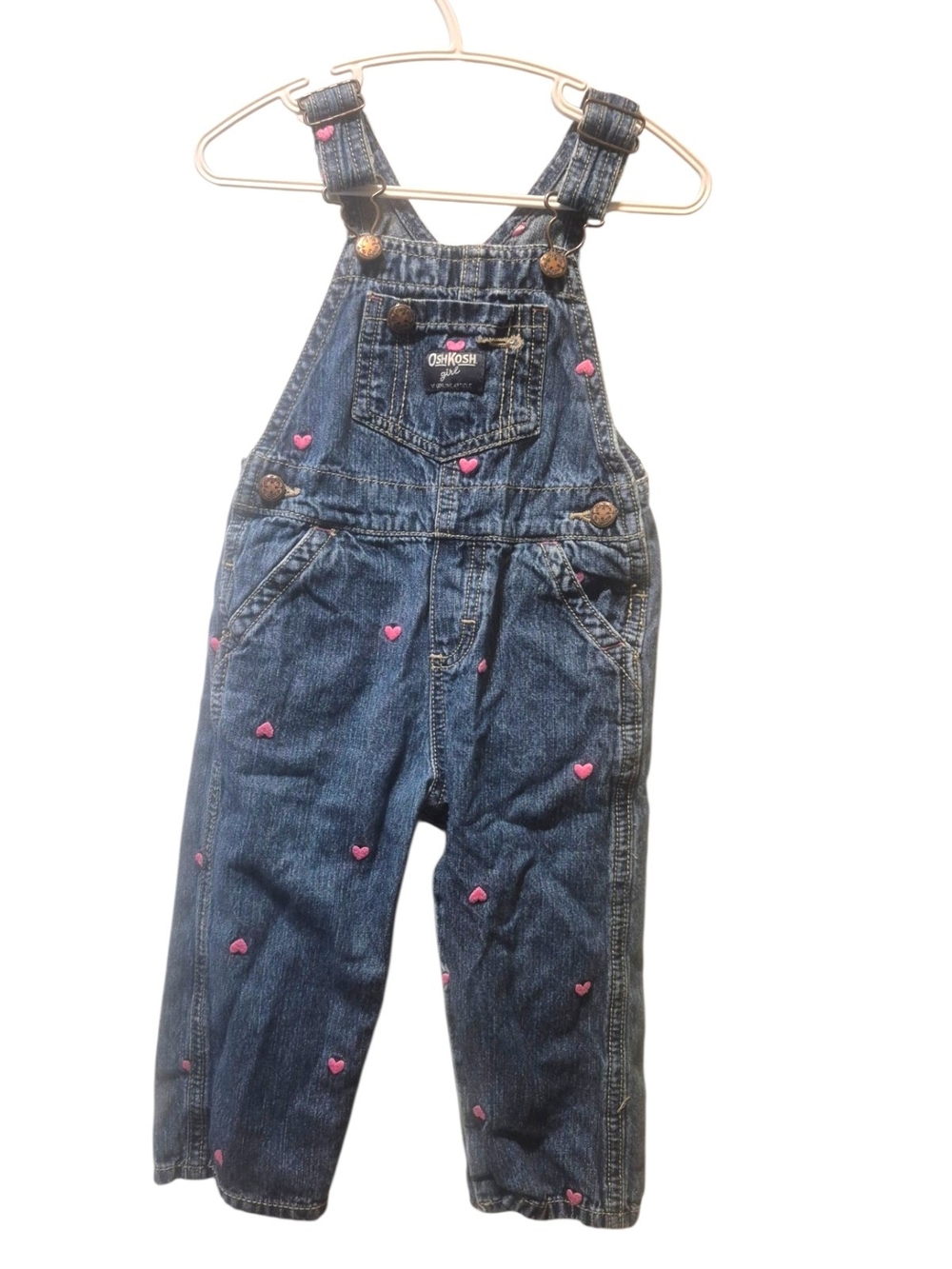 OshKosh B'gosh Dark Blue Denim Overalls with Pink Heart Embroidery